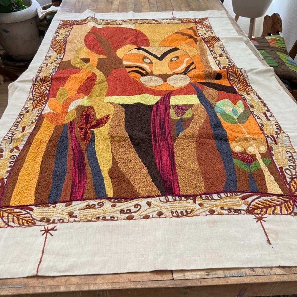 Vintage Wall Art Embroidered Tiger Abstract Based on Helen Webber Tapestry
